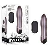 Image of the "Evolved Travel-Gasm Vibrator" displayed next to its packaging. It's a sleek gunmetal bullet personal massager featuring 10 powerful speeds and functions, is rechargeable, waterproof & submersible, and comes with a discreet black carrying case displayed beside it.